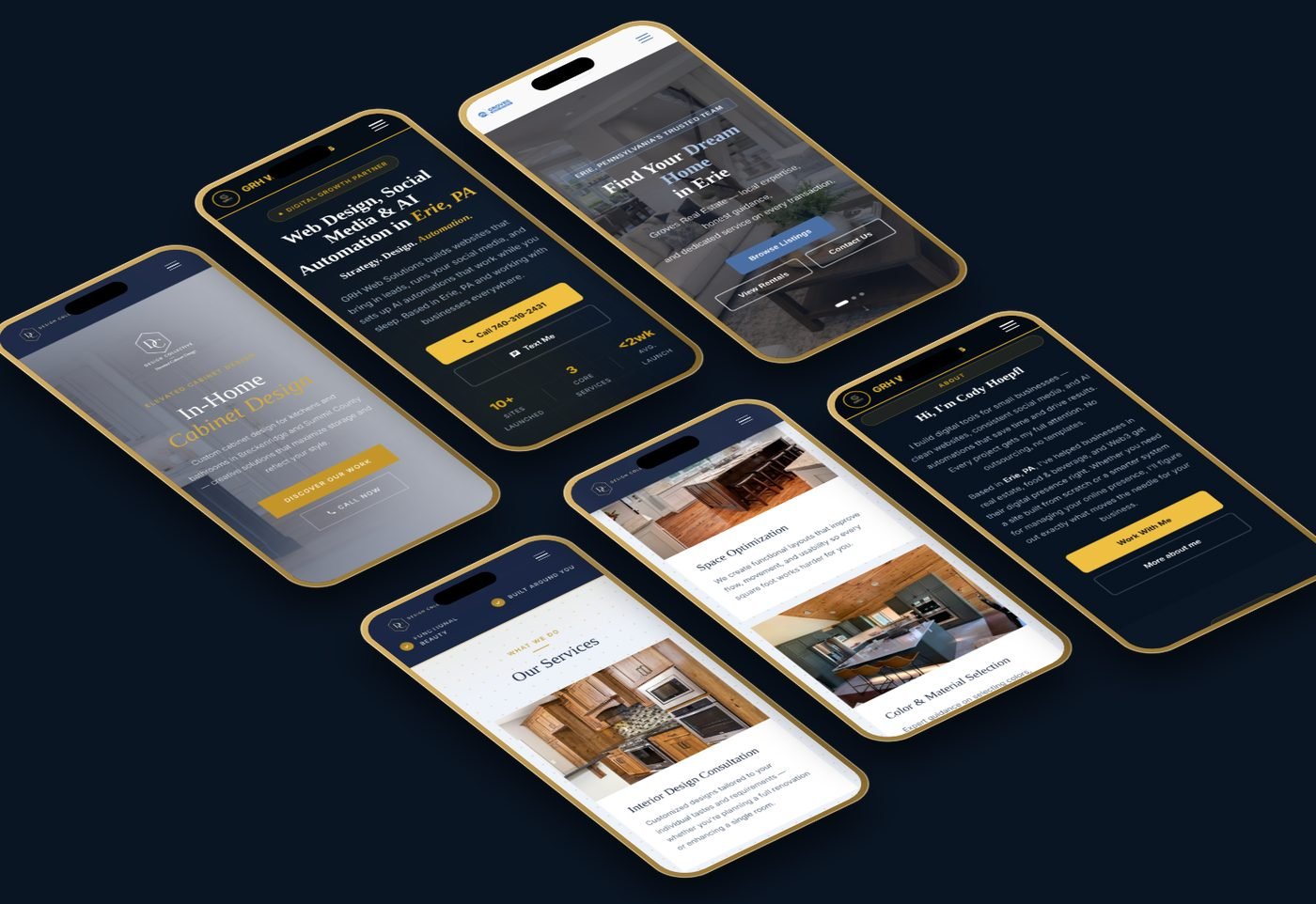Phone screens showing websites built by GRH Web Solutions for Design Collective, Groves Real Estate and GRH