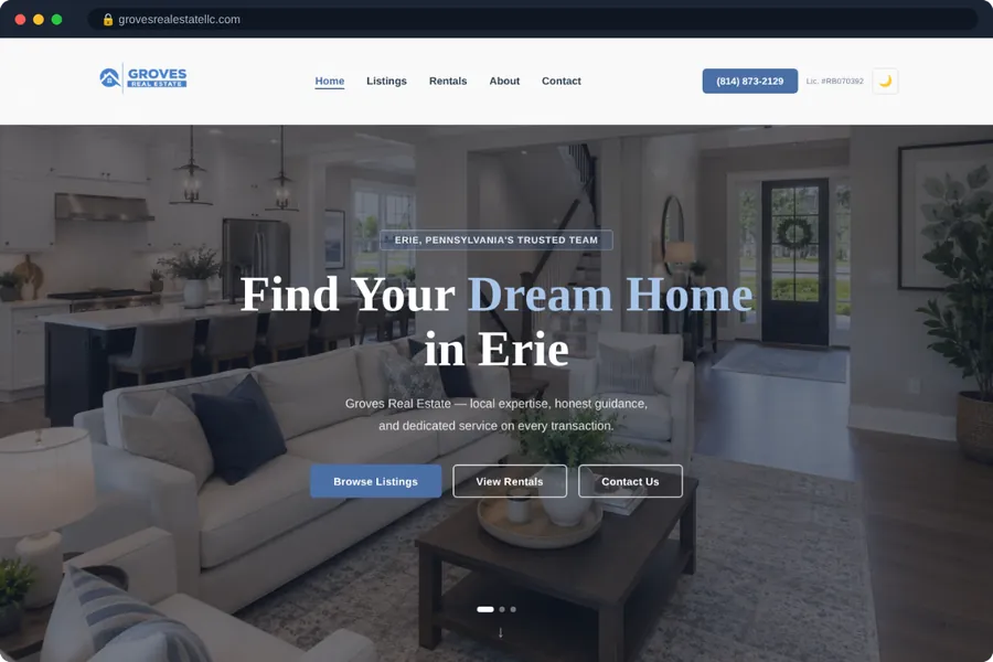 Groves Real Estate LLC website homepage: find your dream home in Erie